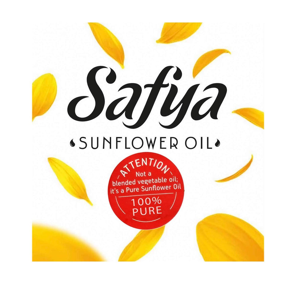Safya sunflower oil label closeup emphasizing purity and non-GMO quality.