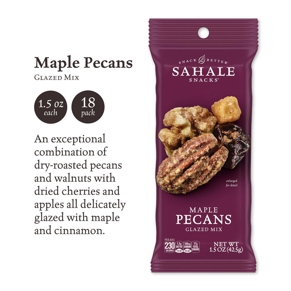 Close-up of Sahale Maple Pecans Glazed Mix showing glazed nuts and fruit pieces.