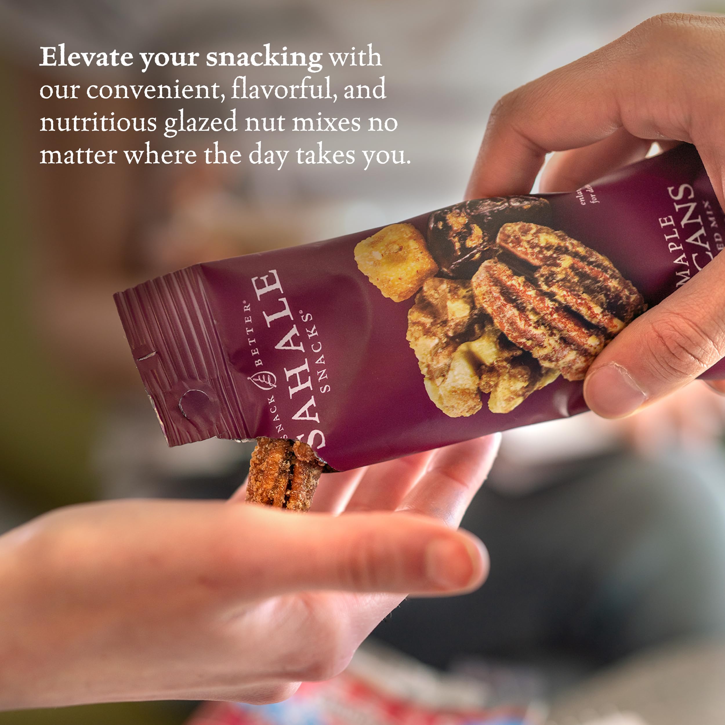 1.5 oz Sahale Maple Pecans Glazed Mix single-serve pack for easy snacking.