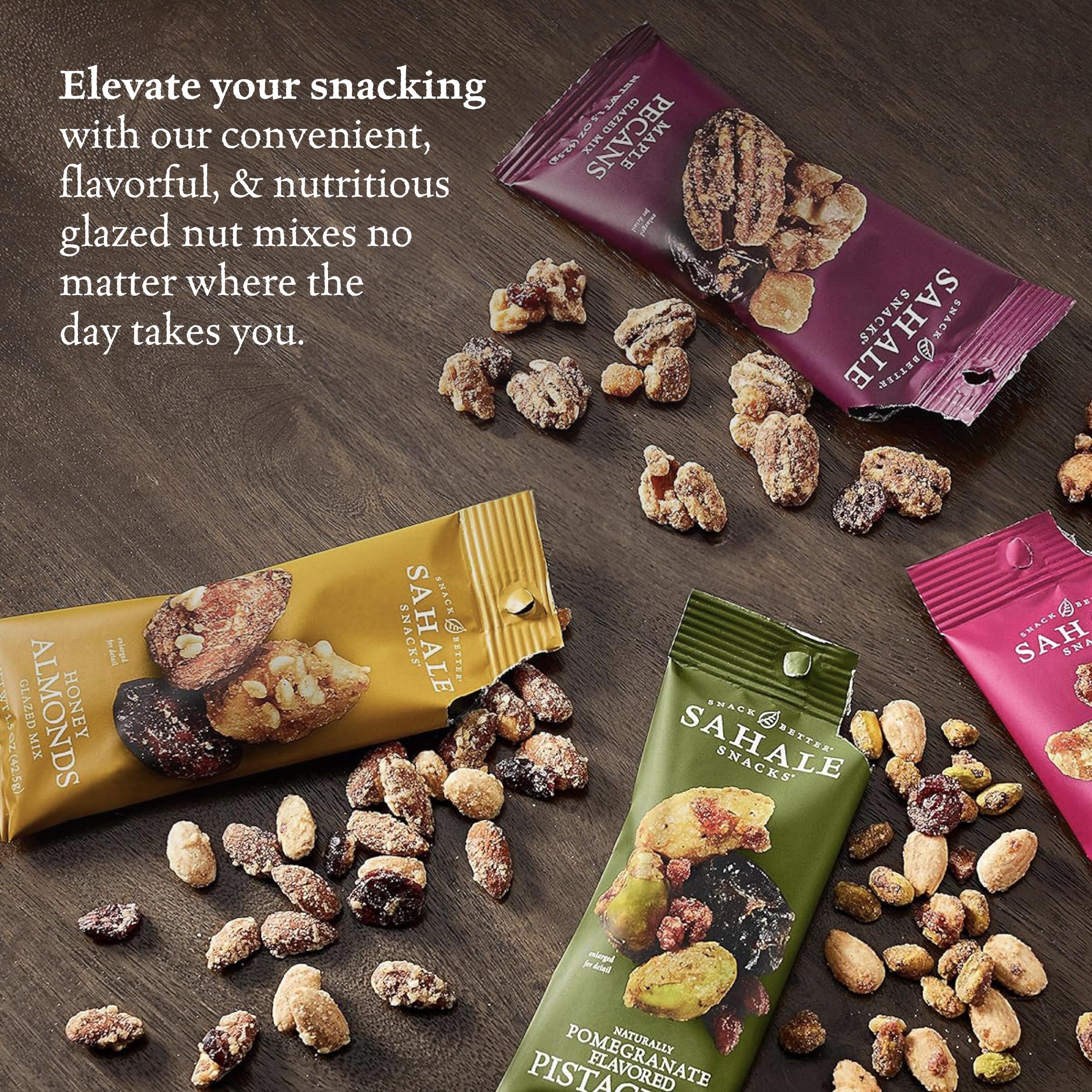 Sahale Snacks 1.5oz grab-and-go pouches for convenient snacking at work or outdoors.