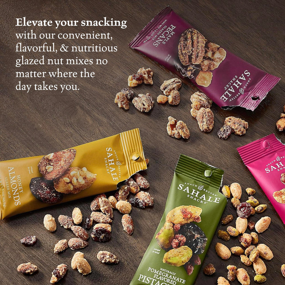 Sahale Snacks 1.5oz grab-and-go pouches for convenient snacking at work or outdoors.
