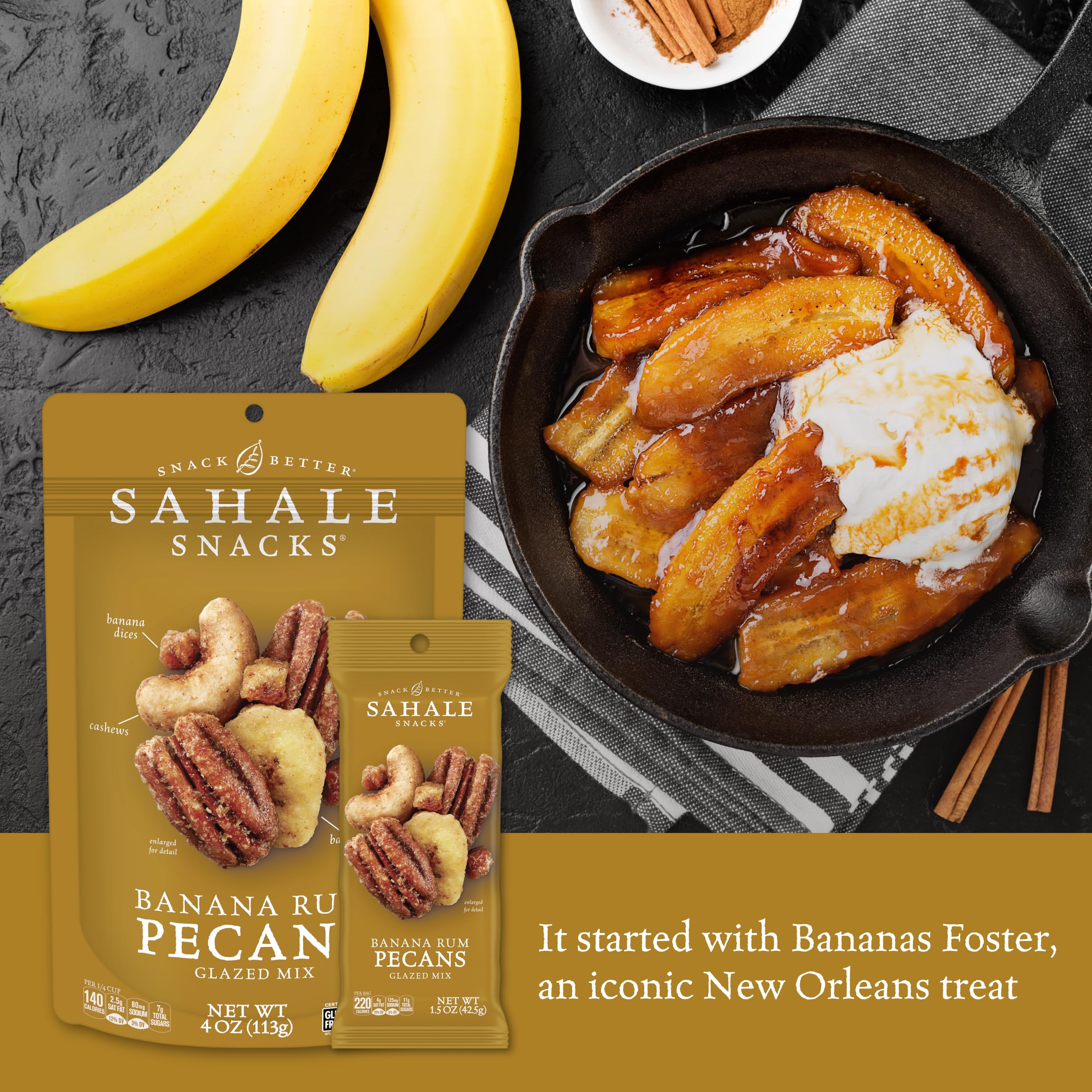 Banana dices and chips with pecans in a glazed mix for texture.