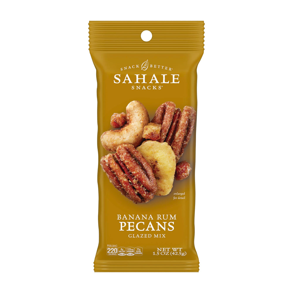 Sahale Snacks Banana Rum Pecans Glazed Mix front view, convenient 18-pack for on-the-go snacking