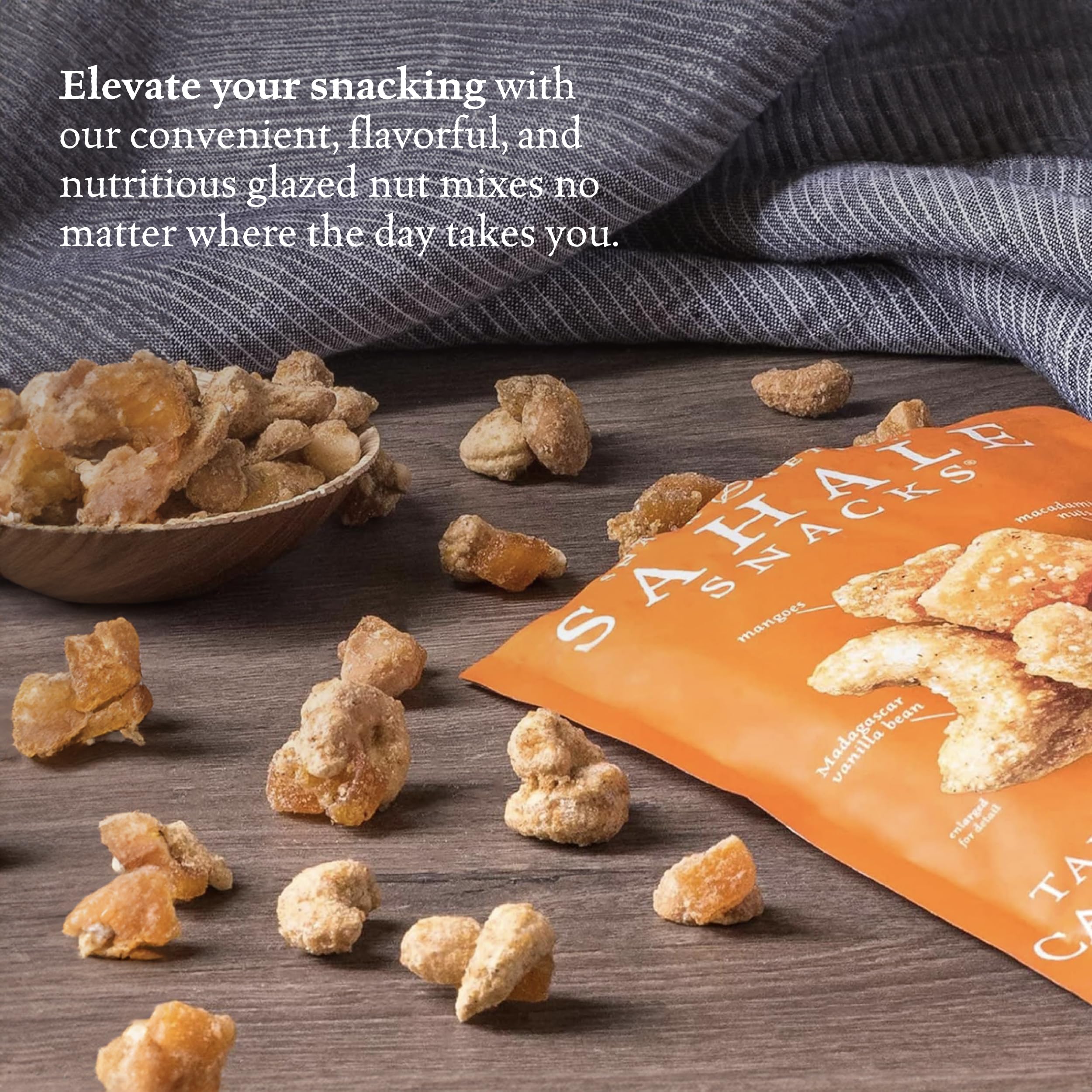 Sahale Snacks dry-roasted nuts texture close-up highlights crisp coating.