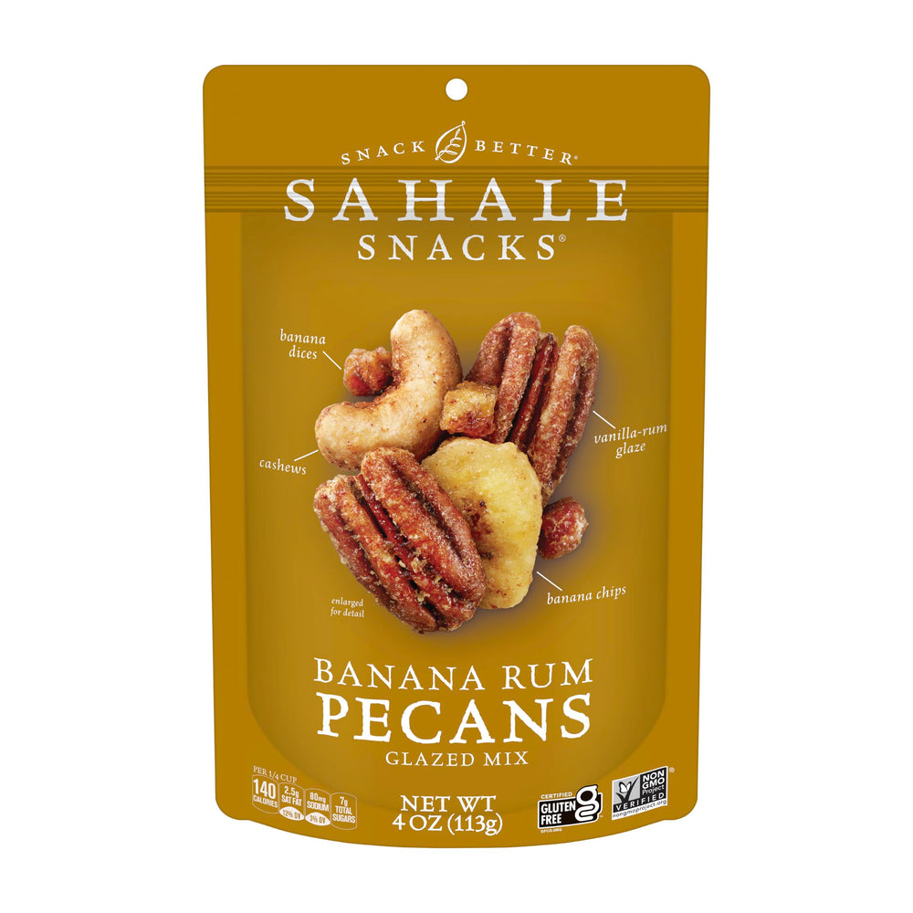 Sahale Snacks glazed mix banana rum pecans ready for snacking on the go.
