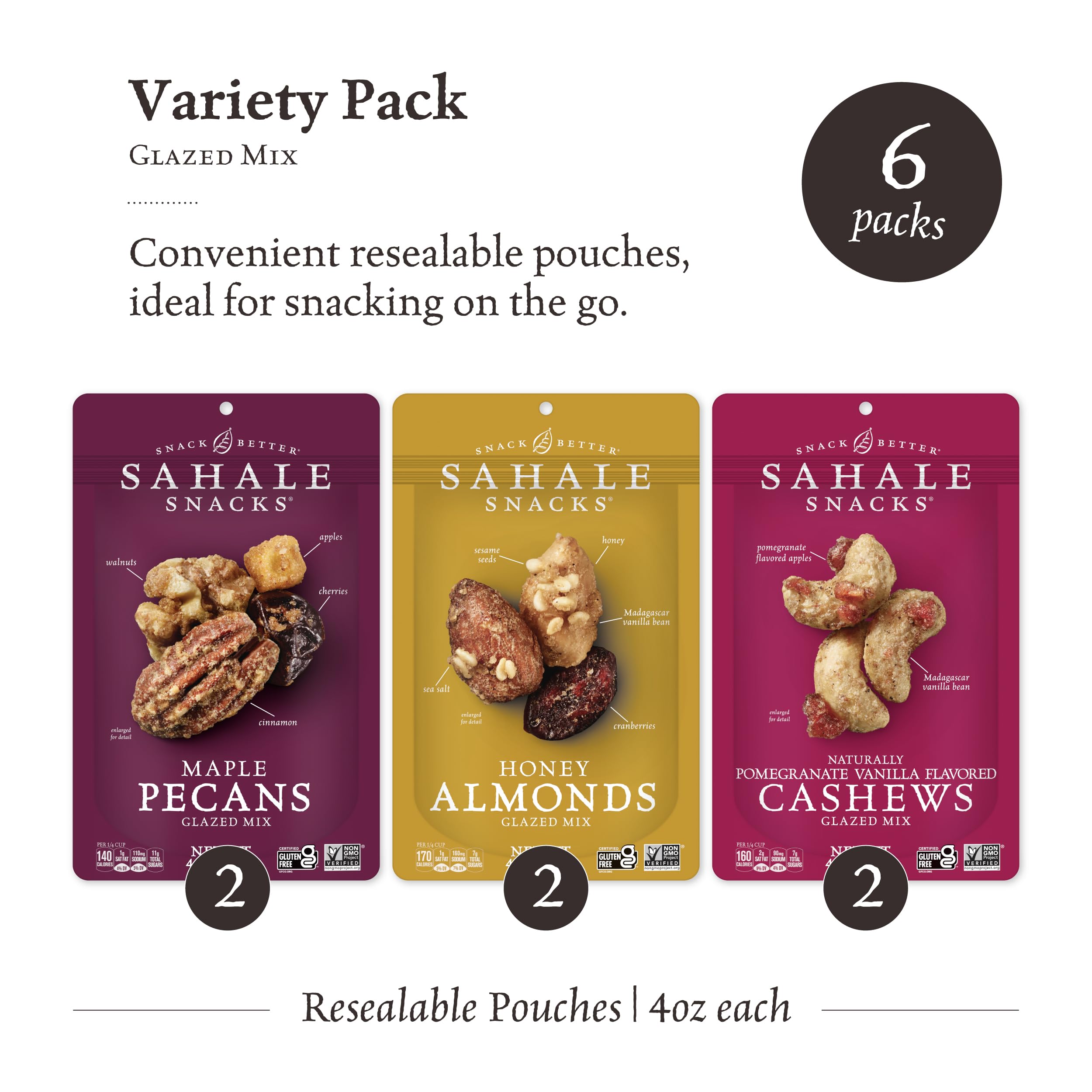 Sahale Snacks glazed nut mix pomegranate vanilla cashews, vibrant texture with a fruity finish.