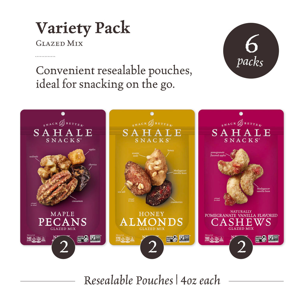 Sahale Snacks glazed nut mix pomegranate vanilla cashews, vibrant texture with a fruity finish.