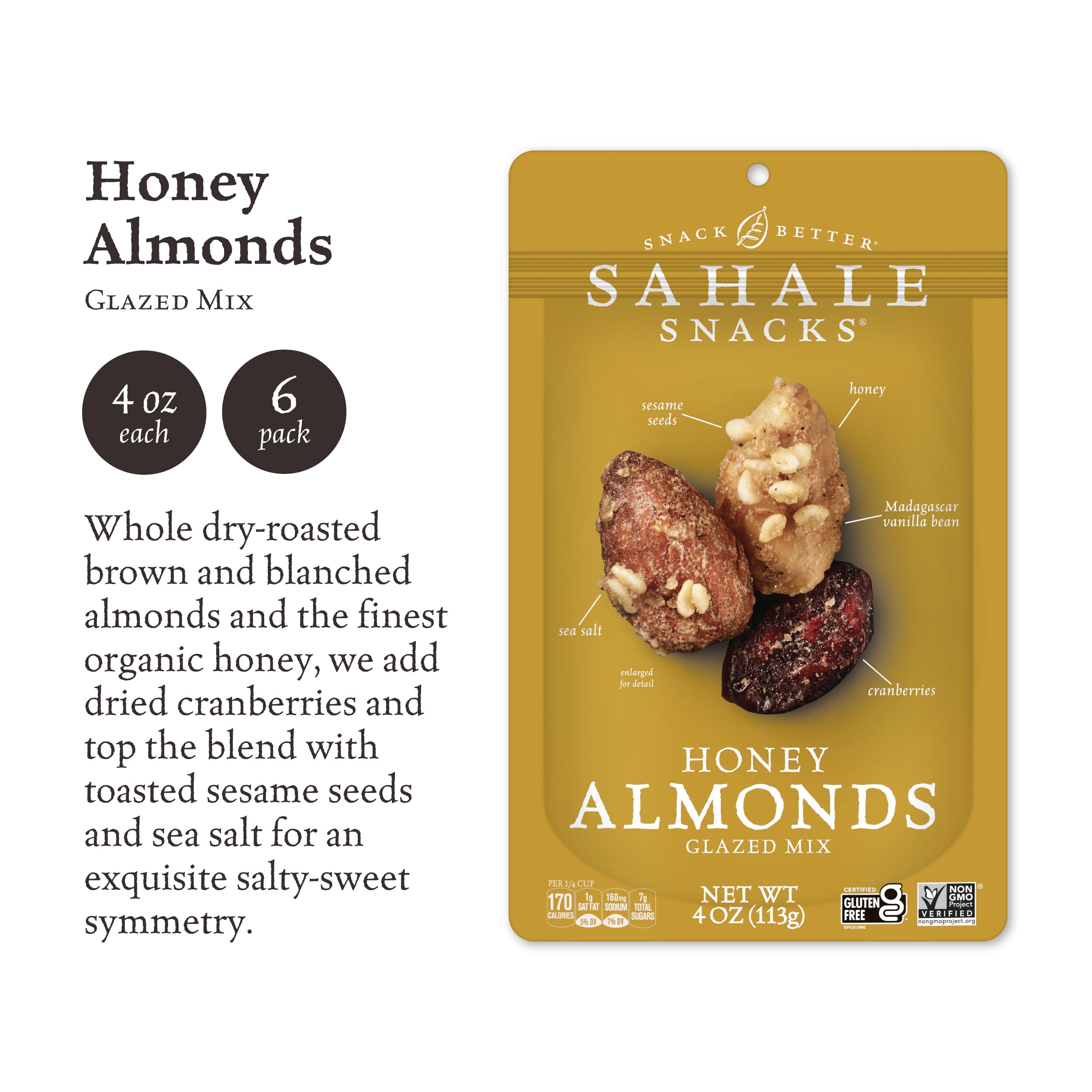 Sahale Snacks Honey Almonds Glazed Mix 4oz pack, resealable for freshness