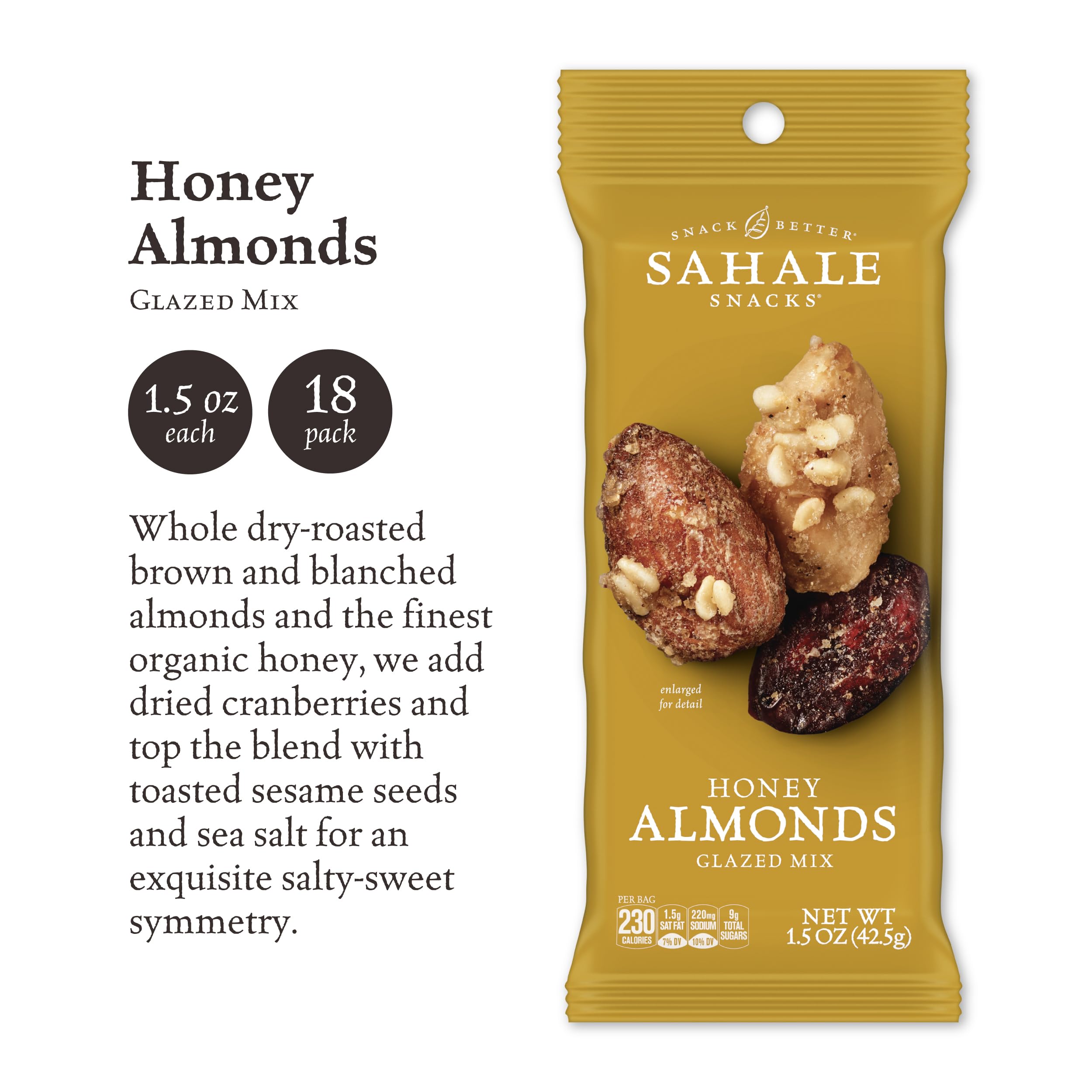 Sahale Snacks Honey Almonds Glazed Mix close-up with tart cranberries.