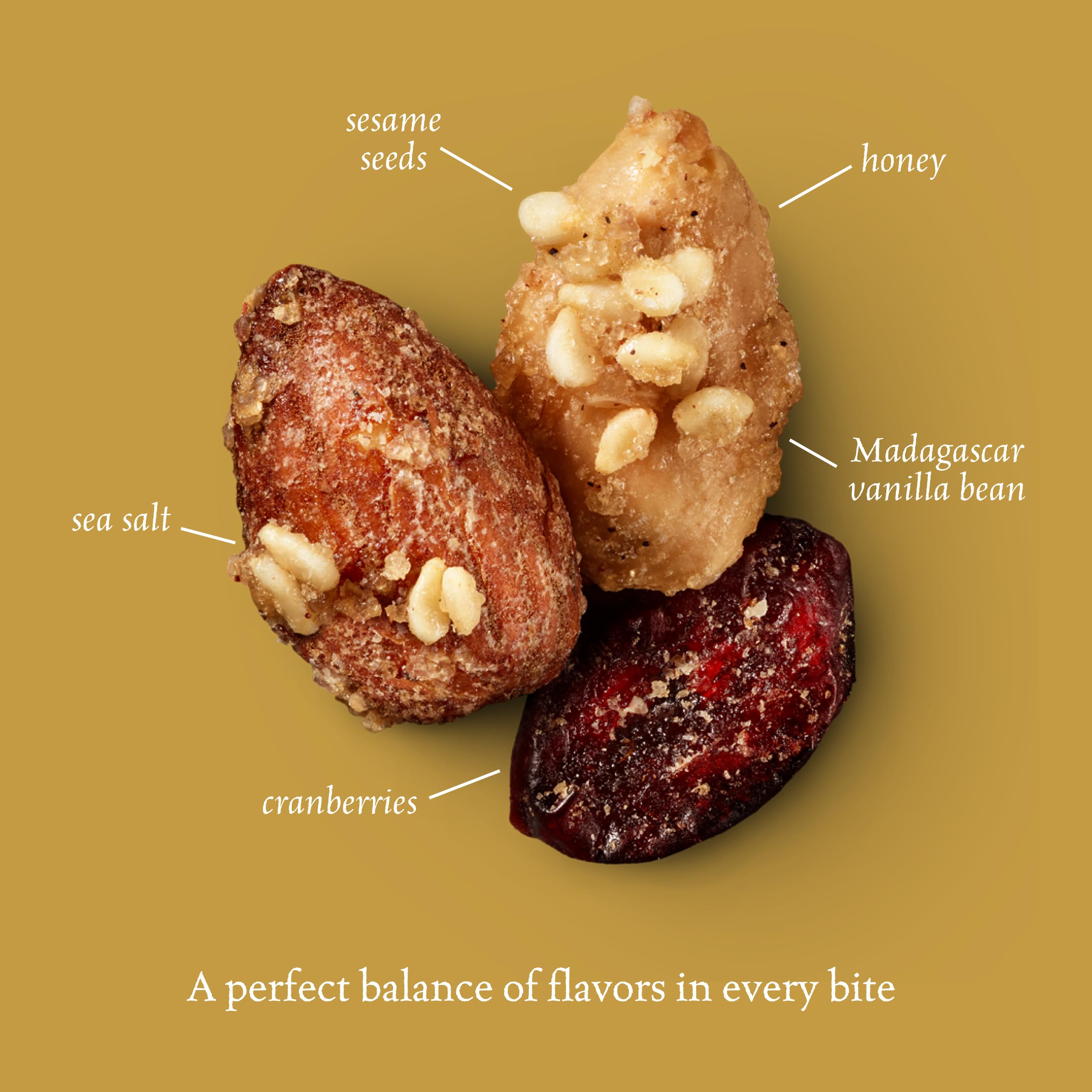 Sahale Snacks Honey Almonds Glazed Mix sesame seeds and vanilla detail for depth