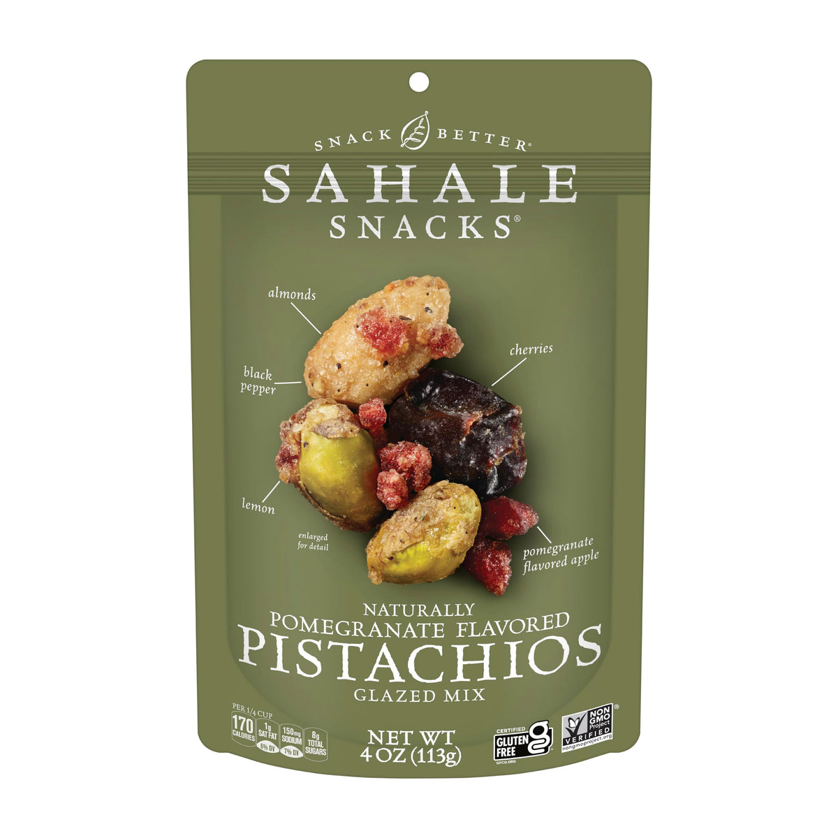 Sahale Snacks Pomegranate Flavored Pistachios Glazed Mix bag front, ideal for on-the-go snacking