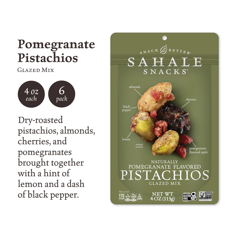 Sahale Snacks Pomegranate Flavored Pistachios Glazed Mix close-up, vibrant nuts and fruit