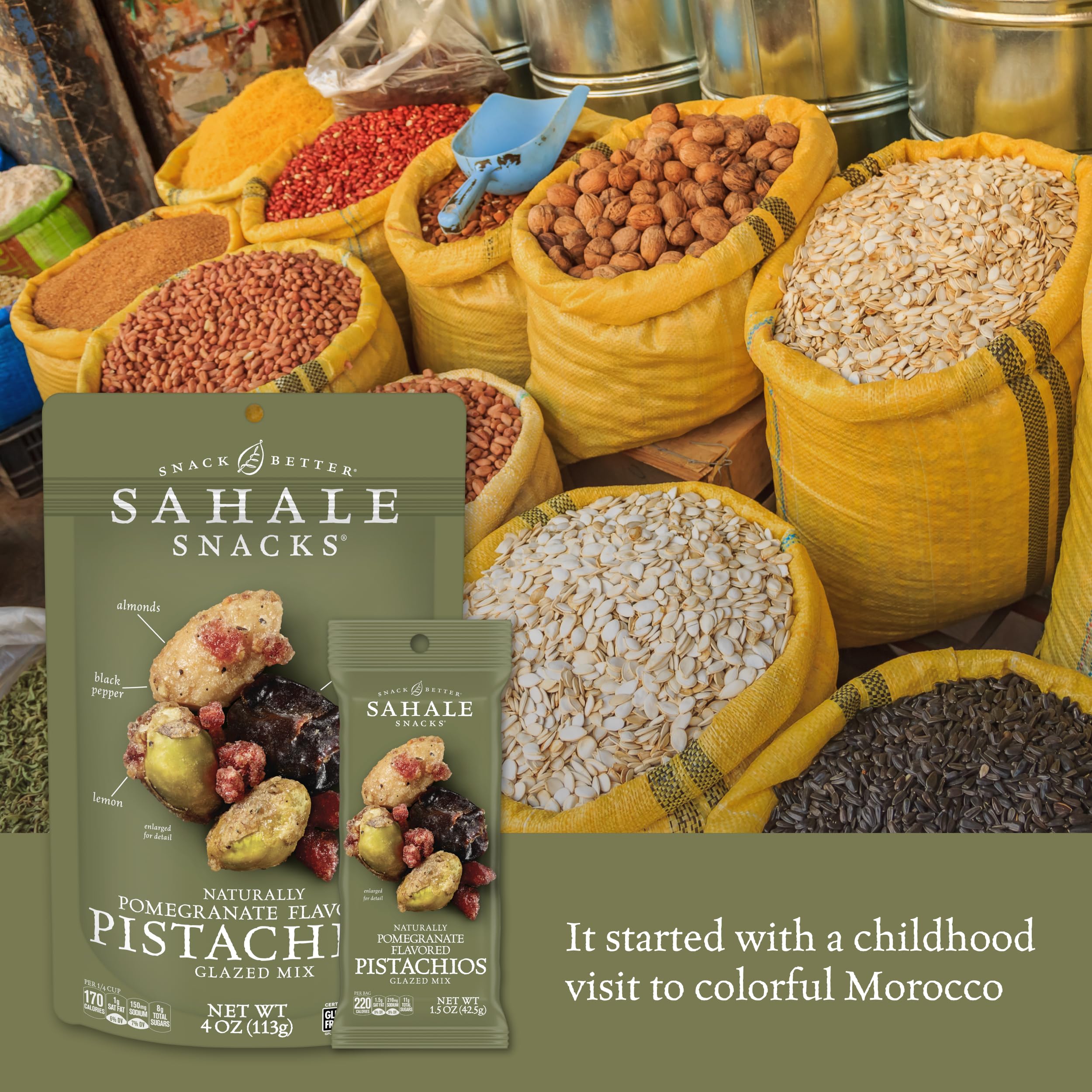 Sahale Snacks Pomegranate Flavored Pistachios Glazed Mix ingredients close-up with nuts and fruits