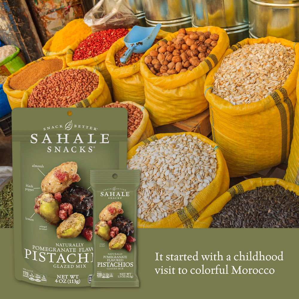 Sahale Snacks Pomegranate Flavored Pistachios Glazed Mix ingredients close-up with nuts and fruits