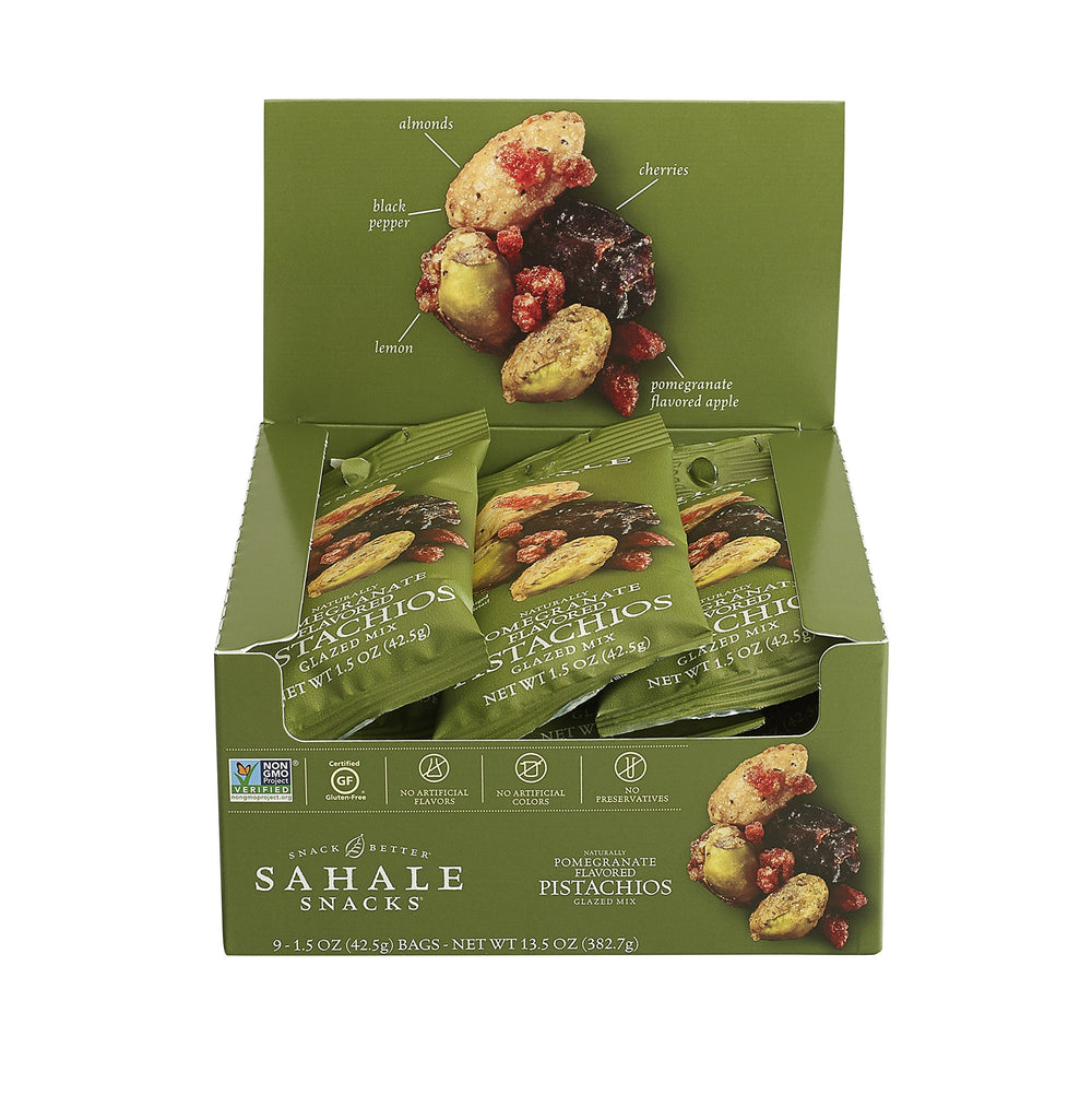 Close-up of Sahale Snacks ingredients highlighting pistachios, cherries, and glaze