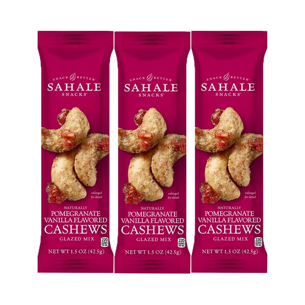 Sahale Snacks pomegranate-vanilla cashews glazed, glossy single-serve pouch for quick snacking.