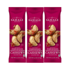 Sahale Snacks pomegranate-vanilla cashews glazed, glossy single-serve pouch for quick snacking.
