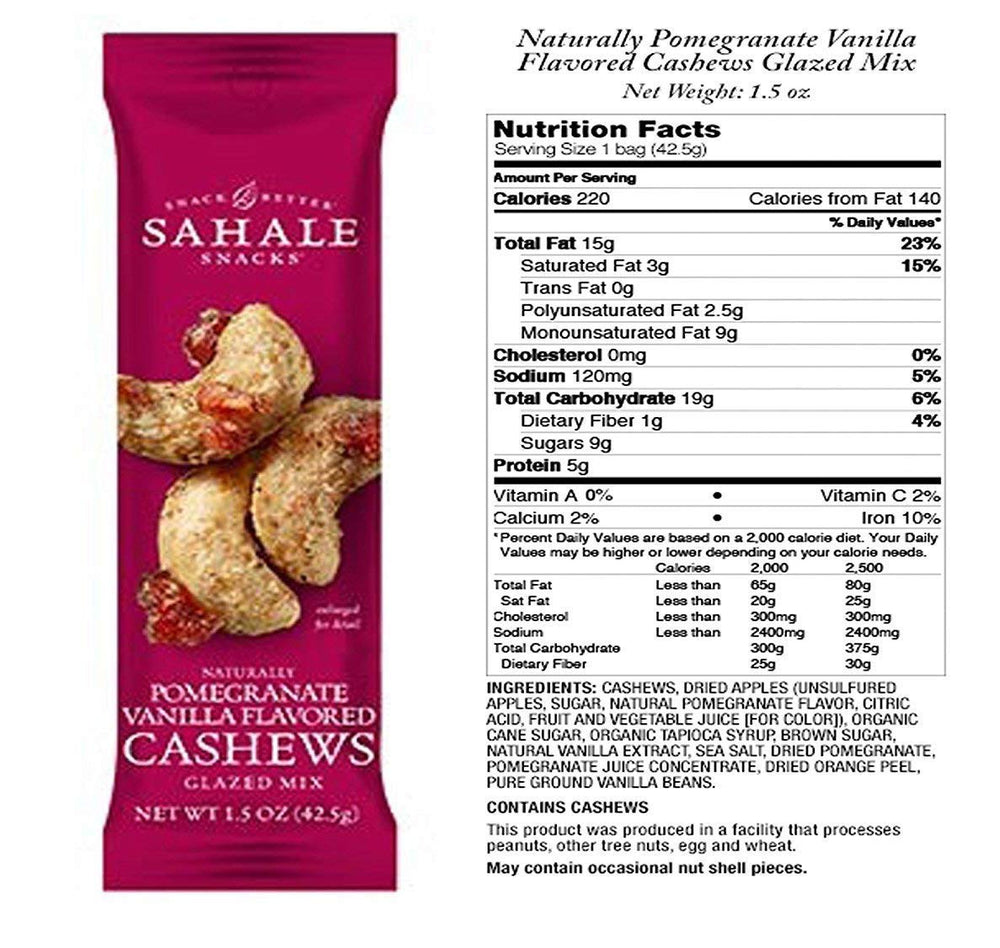 Sahale Snacks pomegranate-vanilla cashews glazed, the 3-pack ready for on-the-go enjoyment.