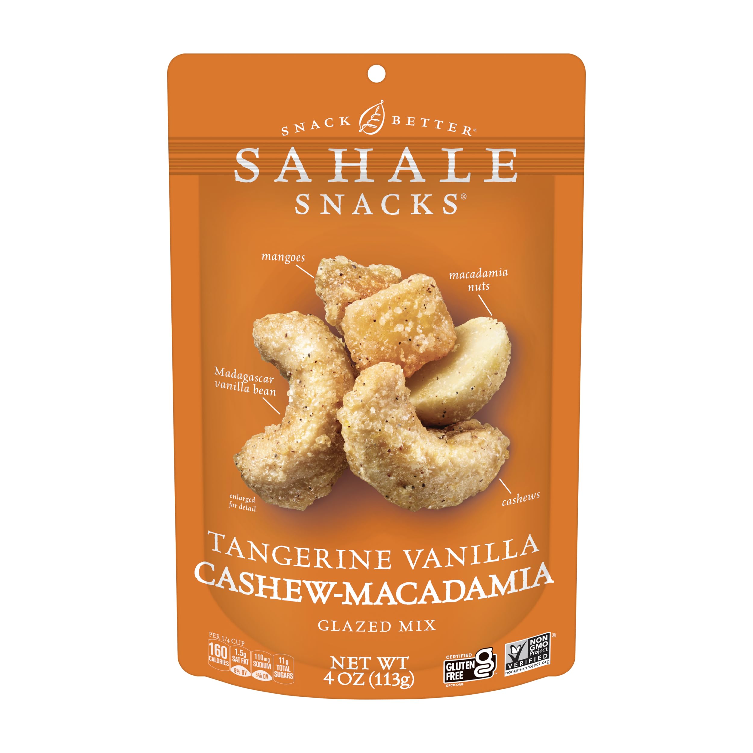 Sahale Snacks Tangerine Vanilla Cashew-Macadamia Glazed Mix in a 4 oz pouch, ready for on-the-go snacking.