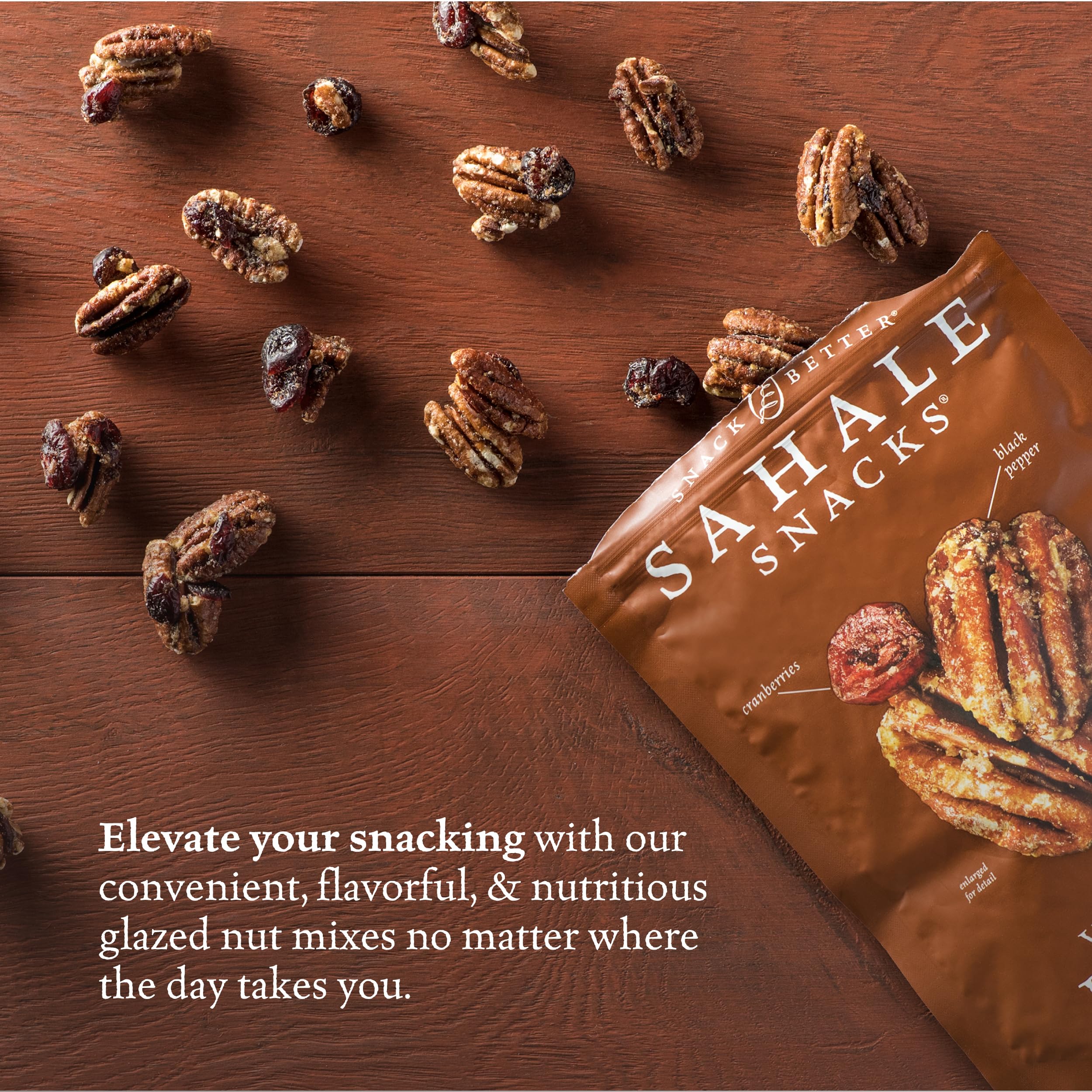 Resealable pouch preserves Sahale mix freshness for on-the-go snacking.