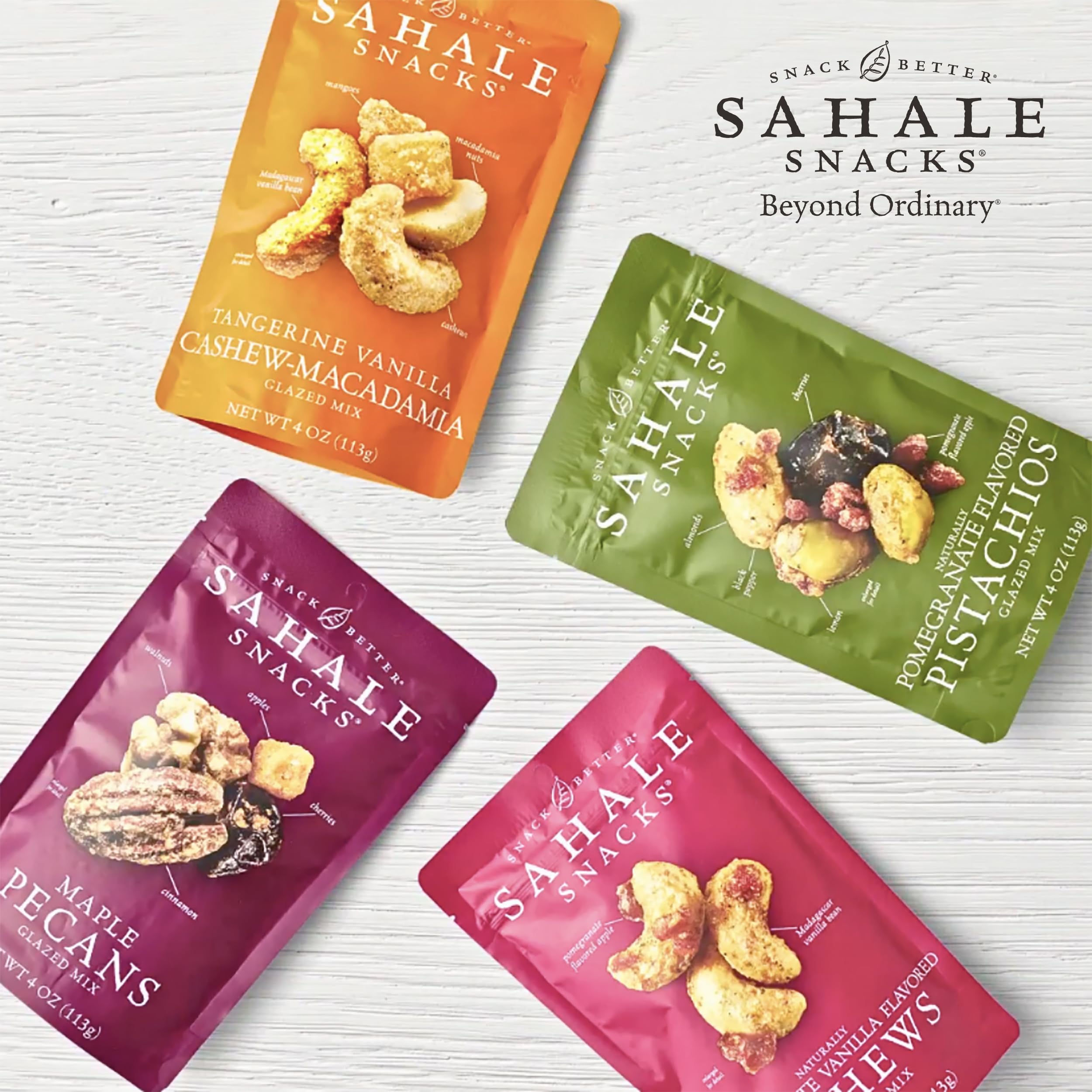 Sahale Snacks Valdosta Pecans Glazed Mix label highlights non-GMO and gluten-free features.