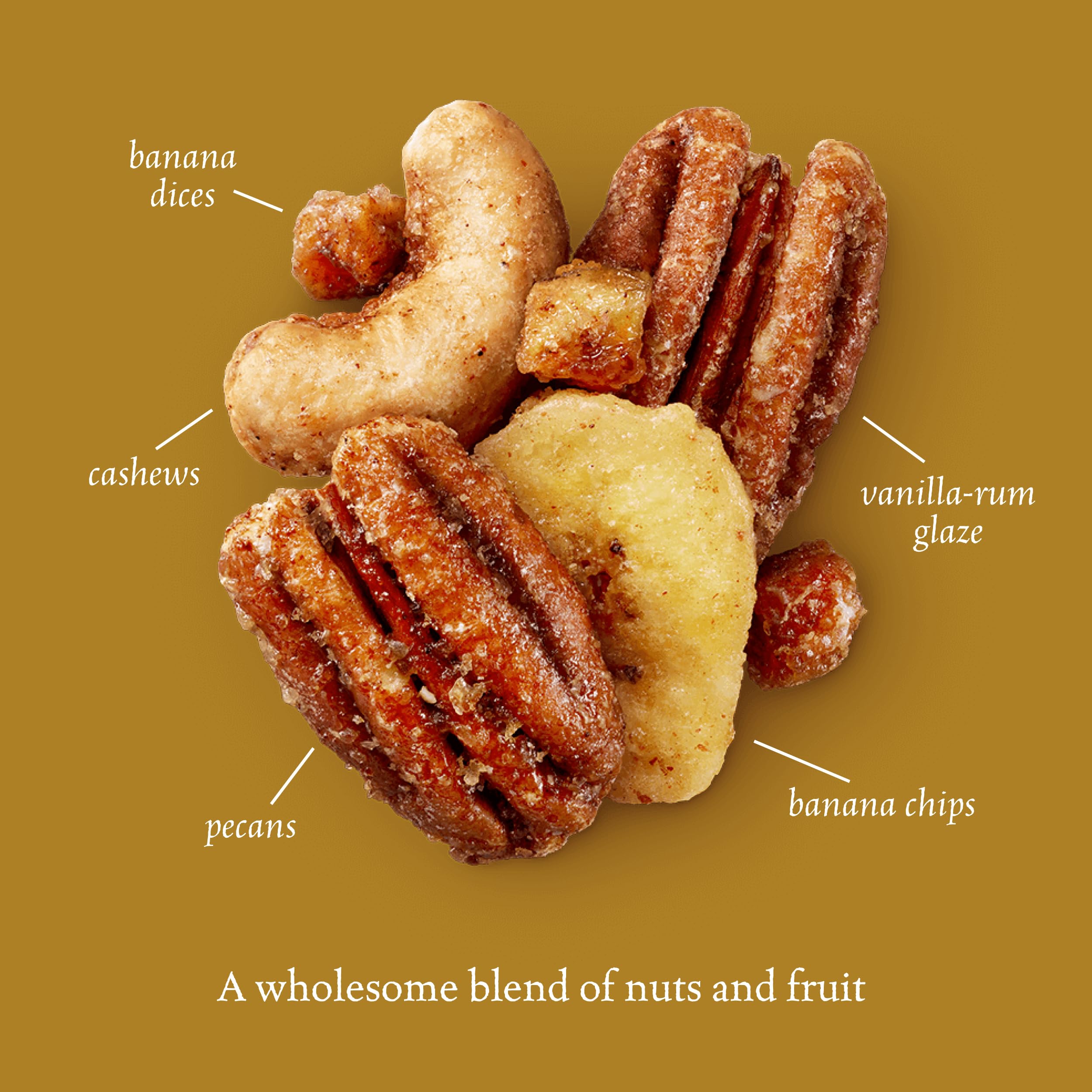 Sahale Snacks vanilla rum glaze coating on nuts, capturing a bold flavor