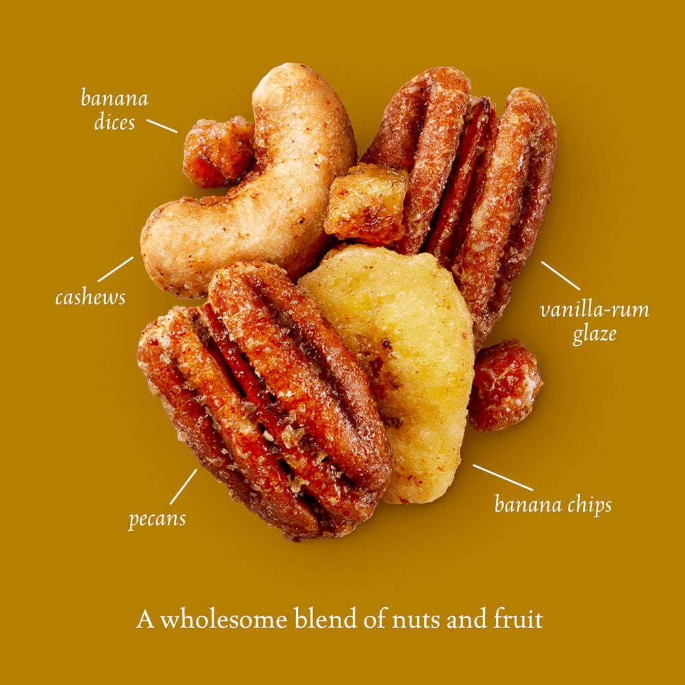 Sahale Snacks vanilla rum glaze coating on nuts, capturing a bold flavor