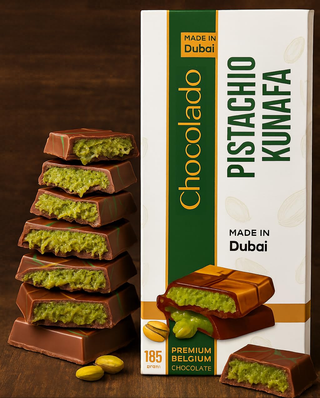 Saifsmart Chocolado Dubai Pistachio Kunafa Bar front view highlighting premium flavor