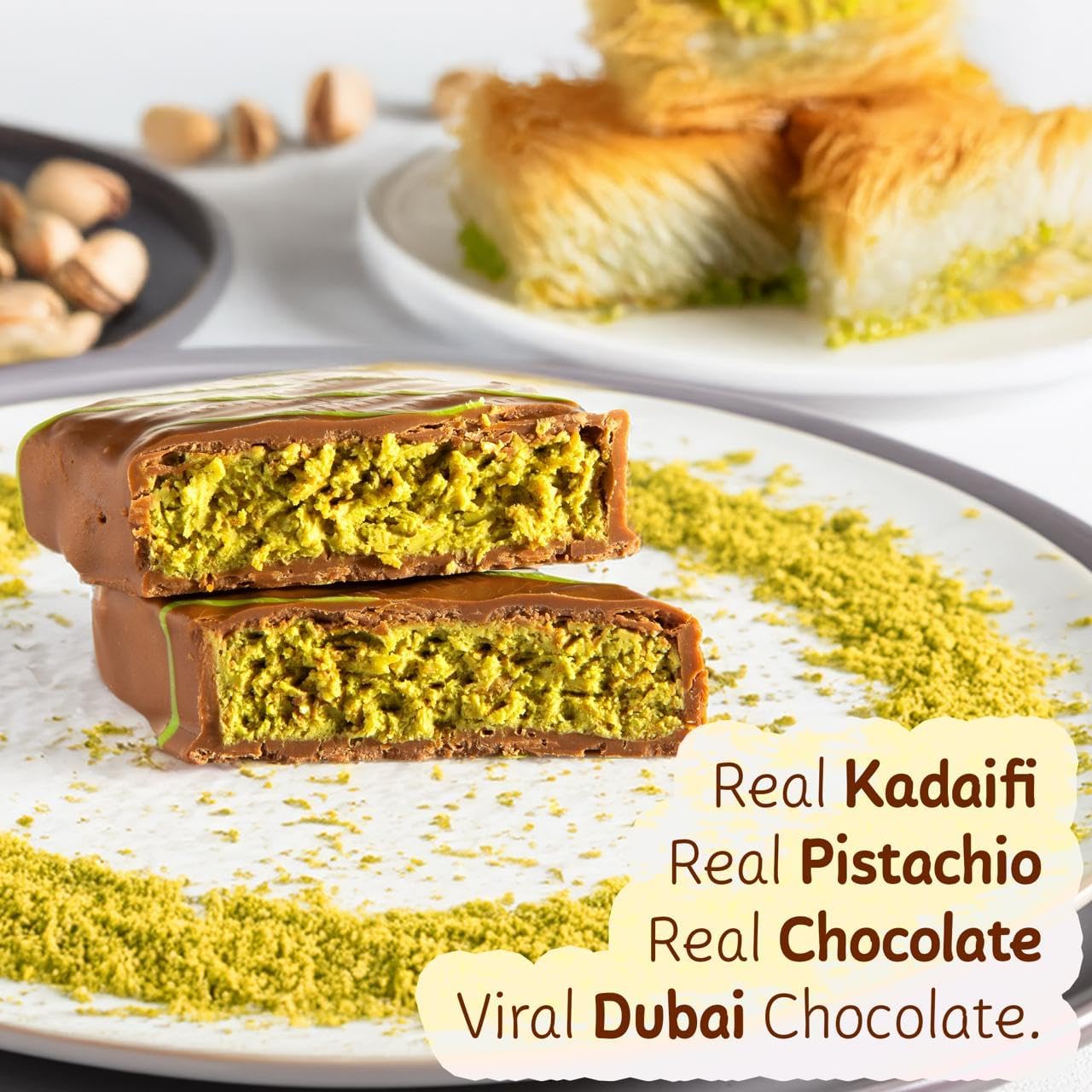 Saifsmart Chocolado Dubai Pistachio Kunafa Bar pistachios hand harvested kernels flavor