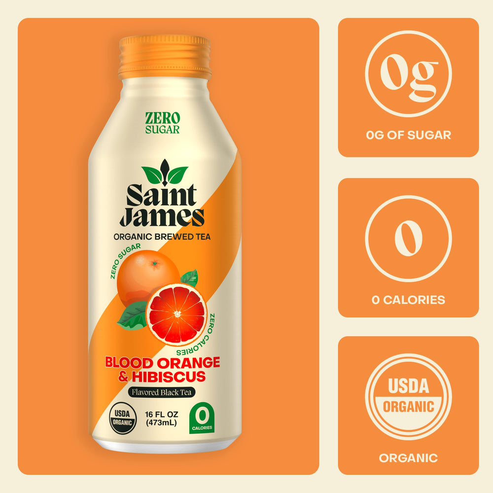 Saint James Iced Tea aluminum packaging highlights freshness and sustainability.