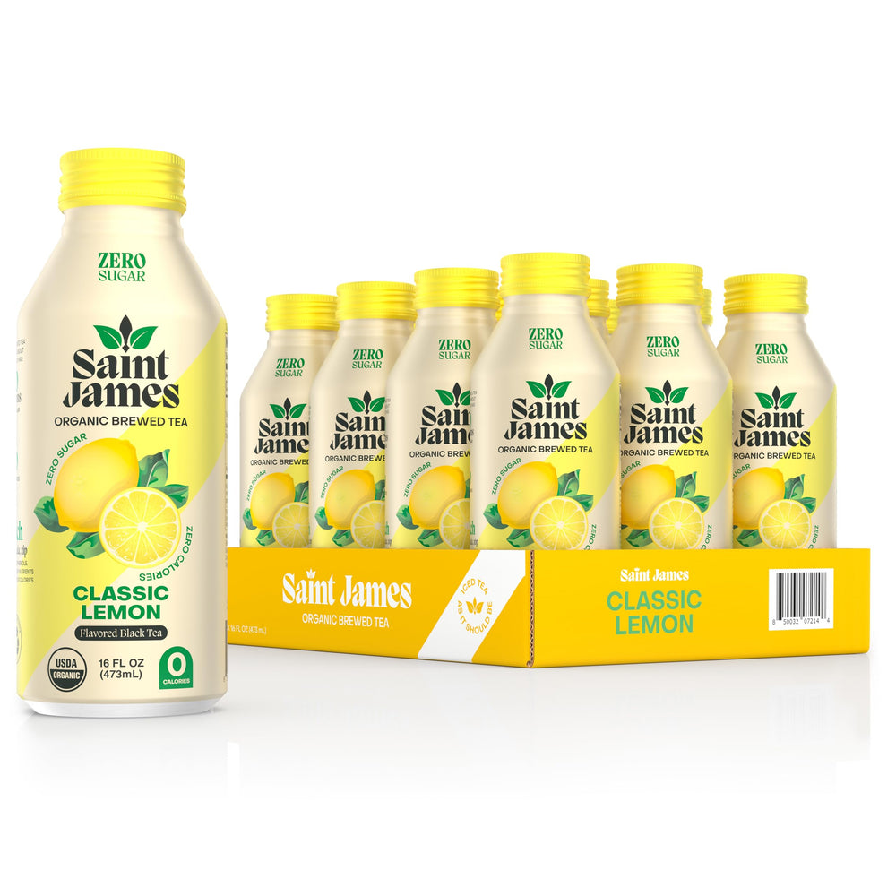 Saint James Iced Tea classic lemon bottle, zero calories and zero sugar.