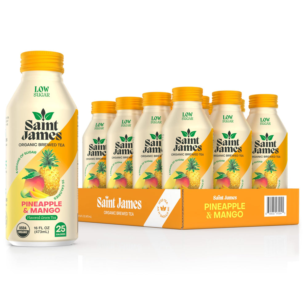 Saint James Iced Tea organic green pineapple bottle highlights low calories.