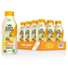 Saint James Iced Tea organic green pineapple bottle highlights low calories.