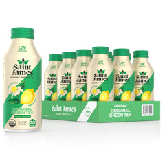 Saint James Iced Tea bottle showing original green tea packaging and labeling