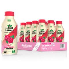 Saint James Iced Tea red raspberry bottle highlights crisp flavor and zero-calorie refreshment.