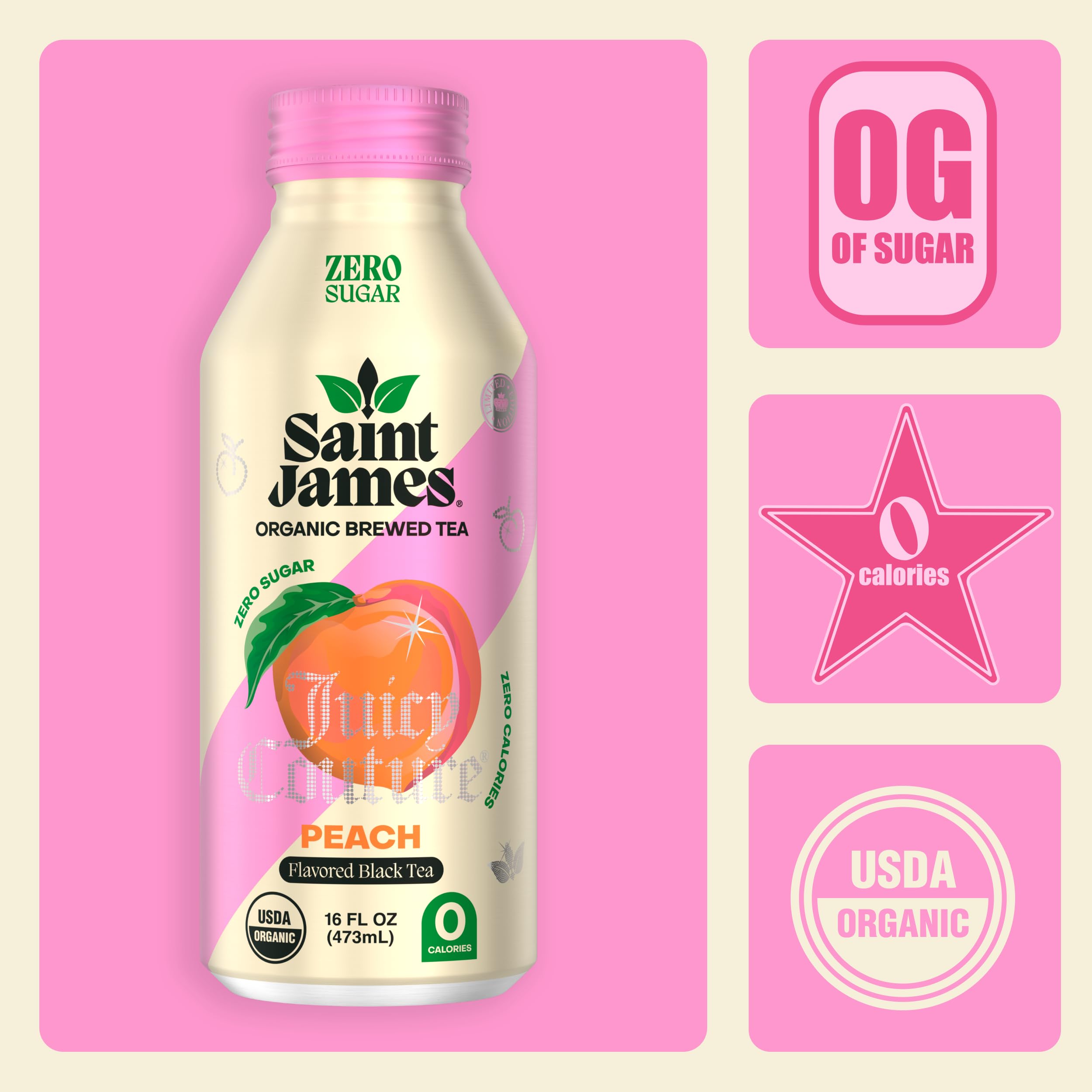 Saint James Juicy Couture Juicy Peach aluminum packaging emphasizes sustainability and freshness.