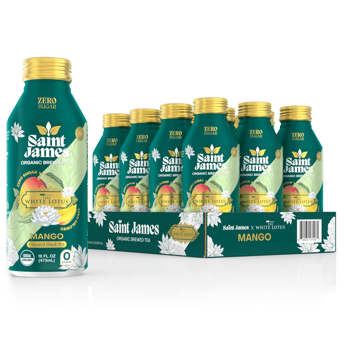 Saint James Mango Black Tea bottle shows mango flavor with zero calories.