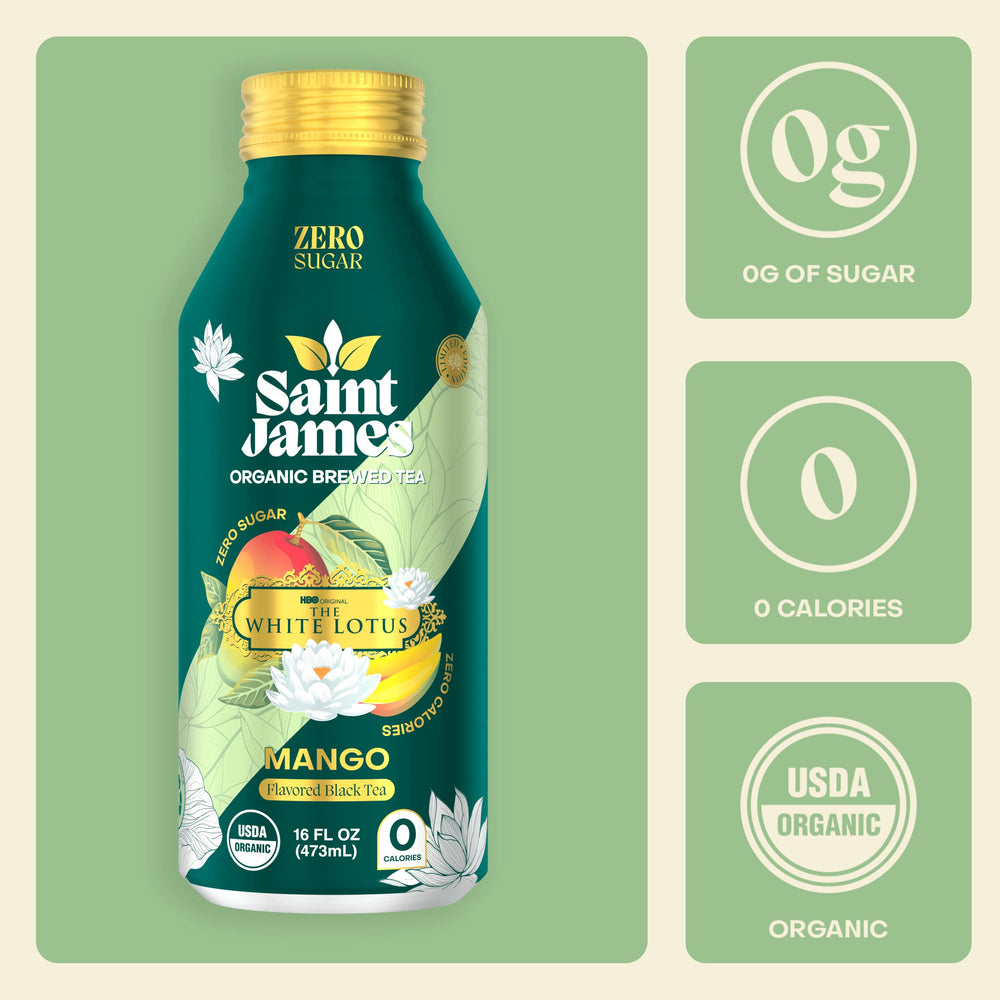 The White Lotus Limited Edition mango label on Saint James Tea.