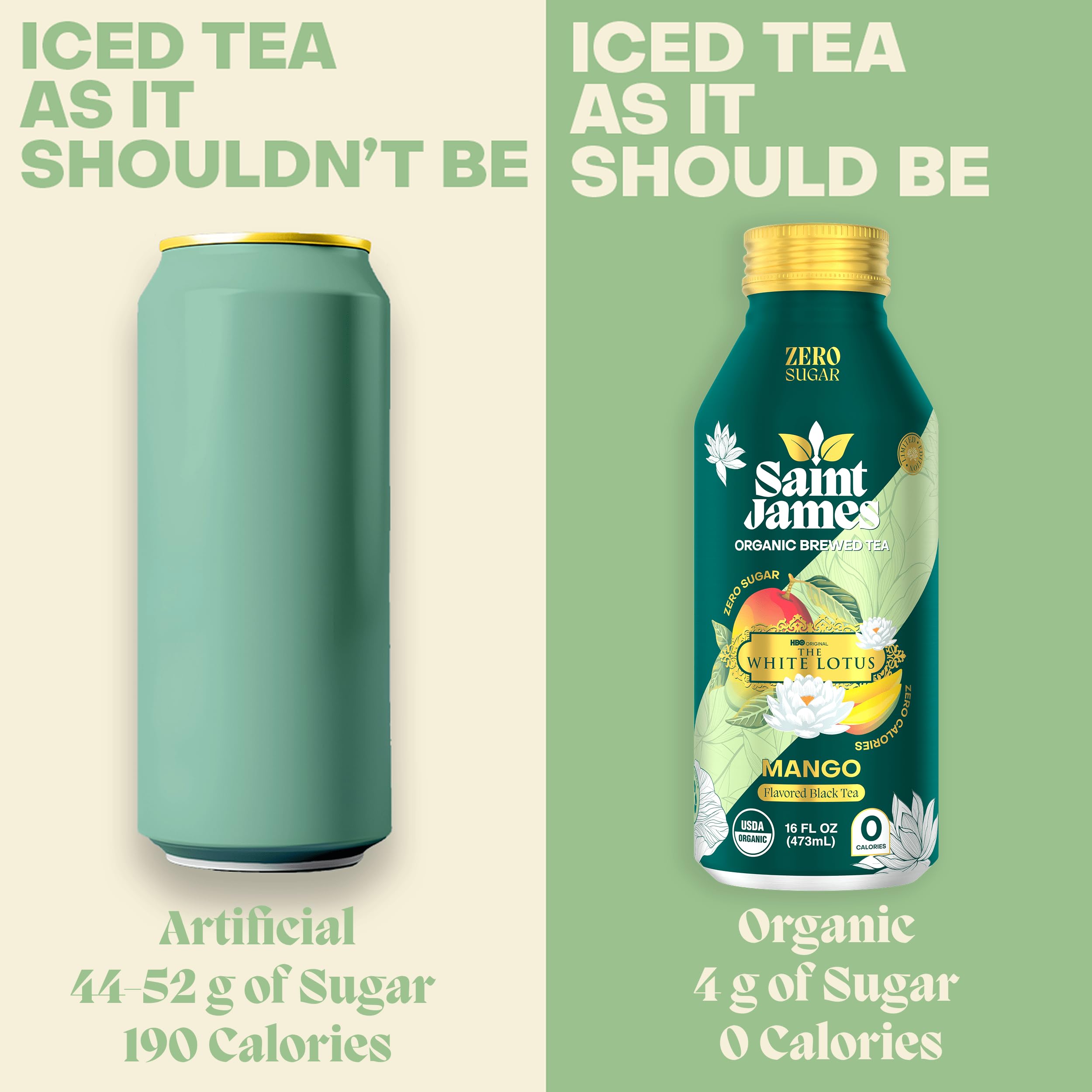 Organic ingredients badge on Saint James Mango Black Tea packaging.