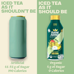 Organic ingredients badge on Saint James Mango Black Tea packaging.