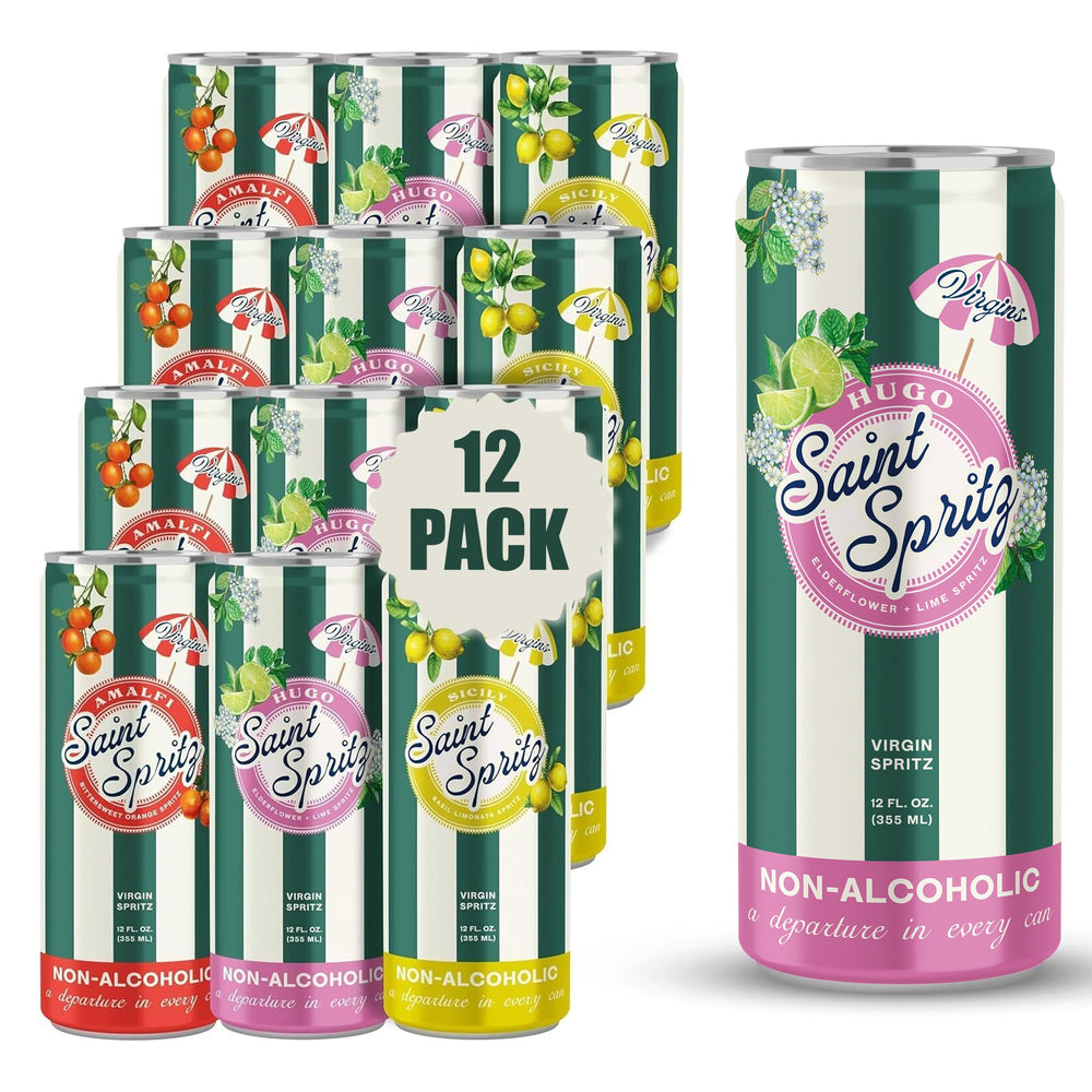 Saint Spritz Virgins Amalfi citrus can showcases refreshing balance for sunny days.