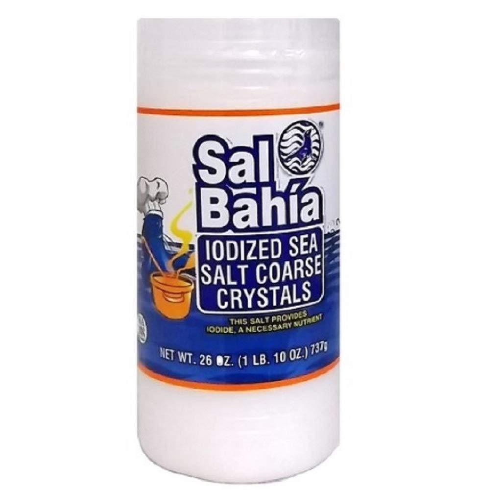 Sal Bahia iodized sea salt coarse crystals for versatile kitchen seasoning.