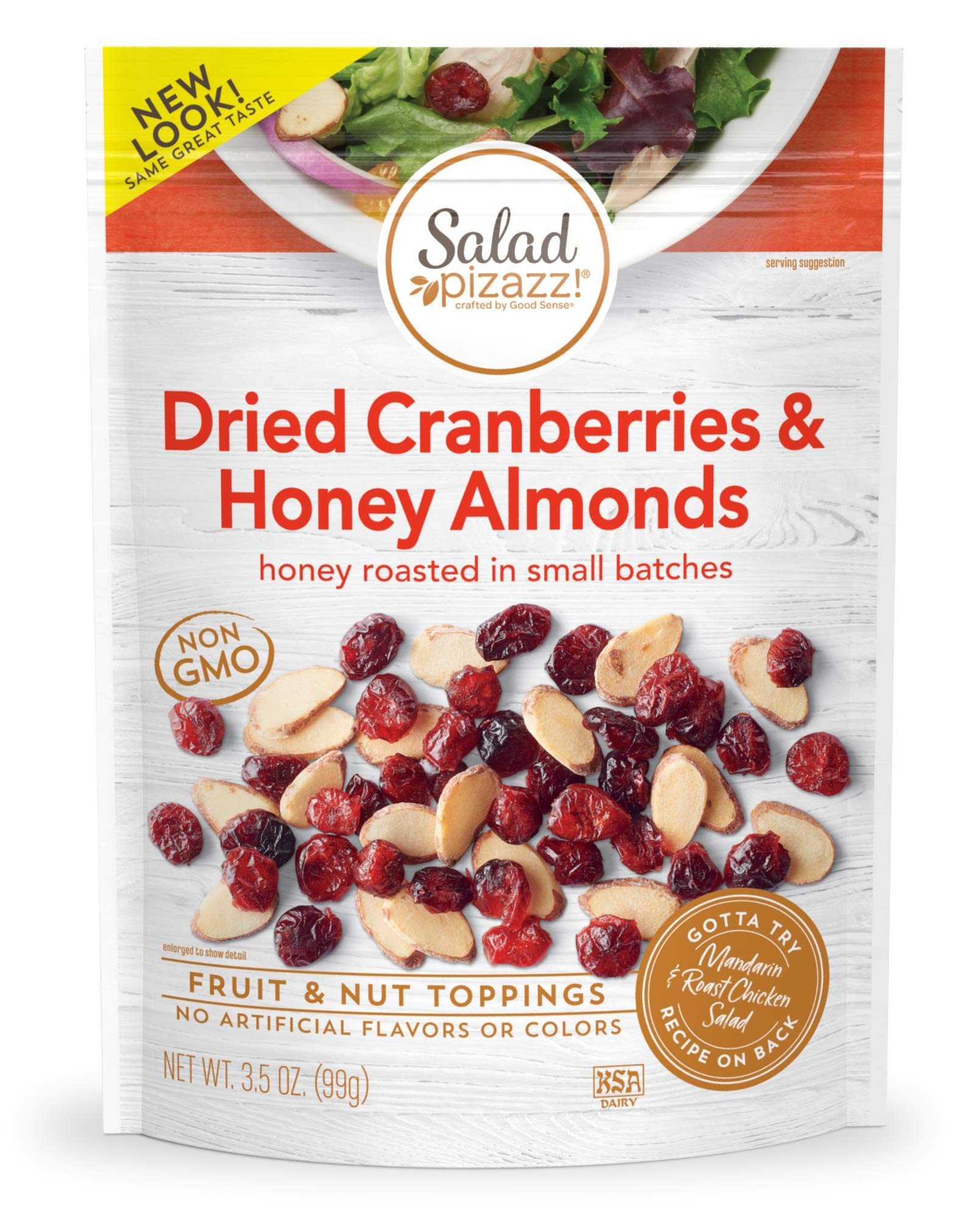 Salad Pizazz! almond toppings honey-roasted cranberries in a resealable bag for freshness.