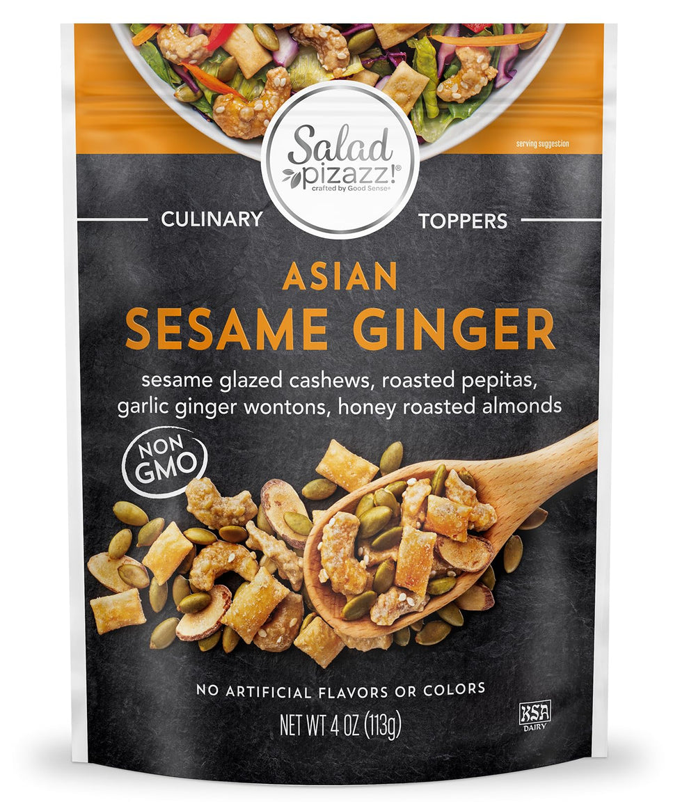 Salad Pizazz Asian Sesame Ginger topping pouch front, ready to shake on salads.