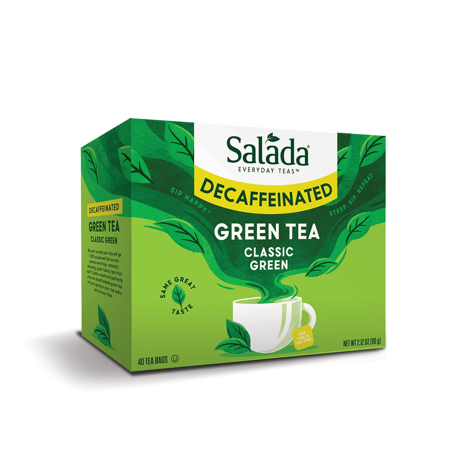 Salada decaffeinated green tea box with 40 bags for easy, on-the-go brewing.