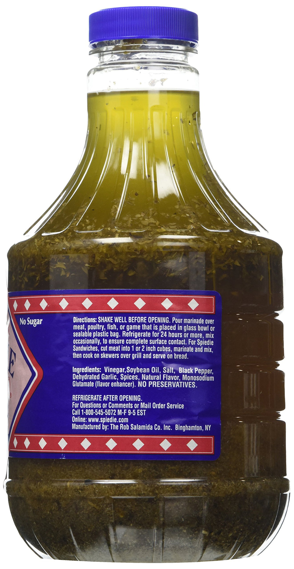 Salamida Spiedie Original Sauce bottle with label visible, gluten-free marinade for diverse recipes.