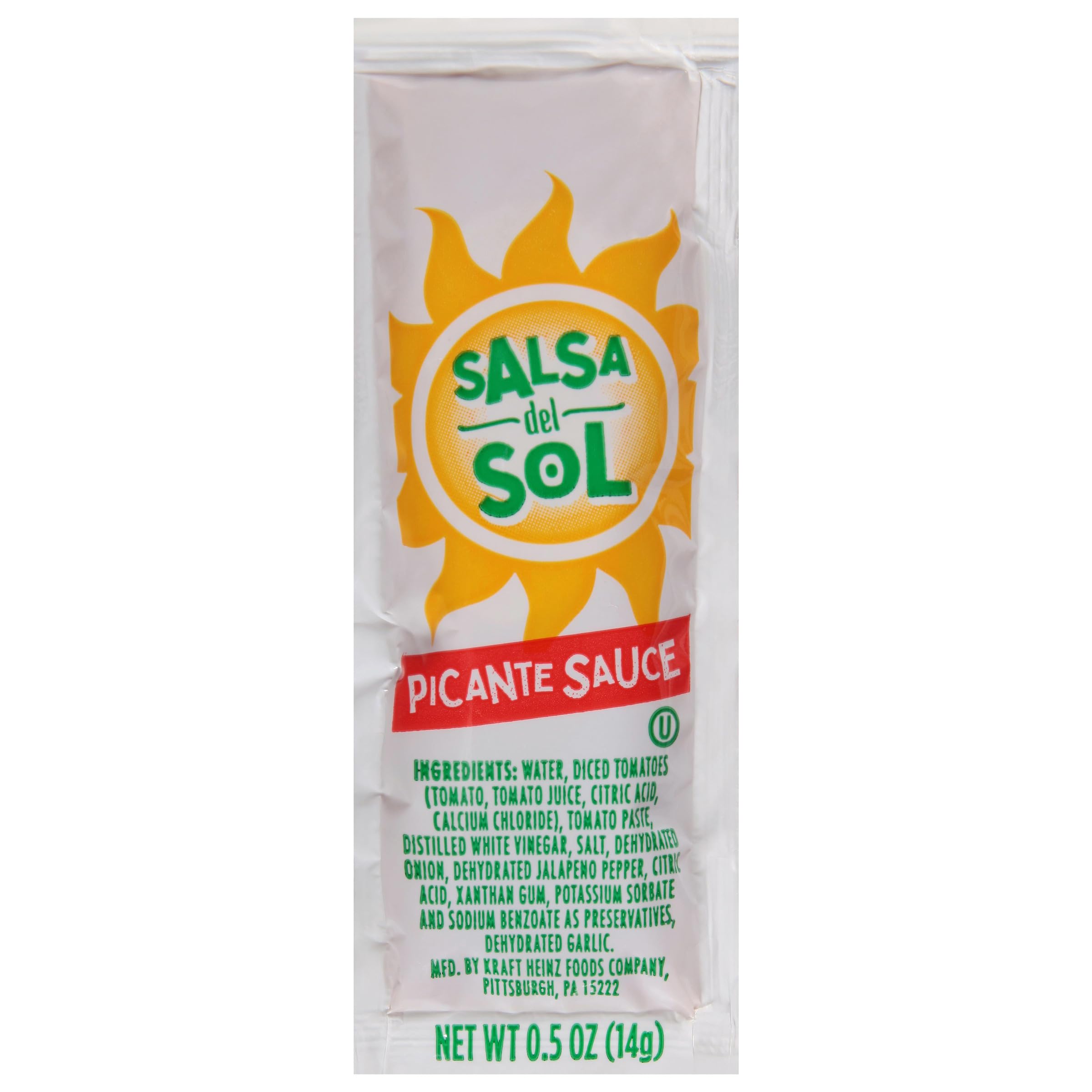 Salsa Del Sol Picante sauce packet front view for convenient on-the-go meals.