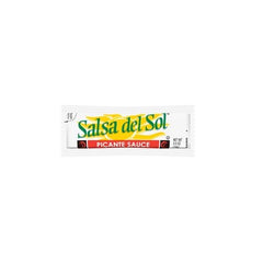 Salsa del Sol Picante sauce packet on a lunch tray, ideal for on-the-go meals.
