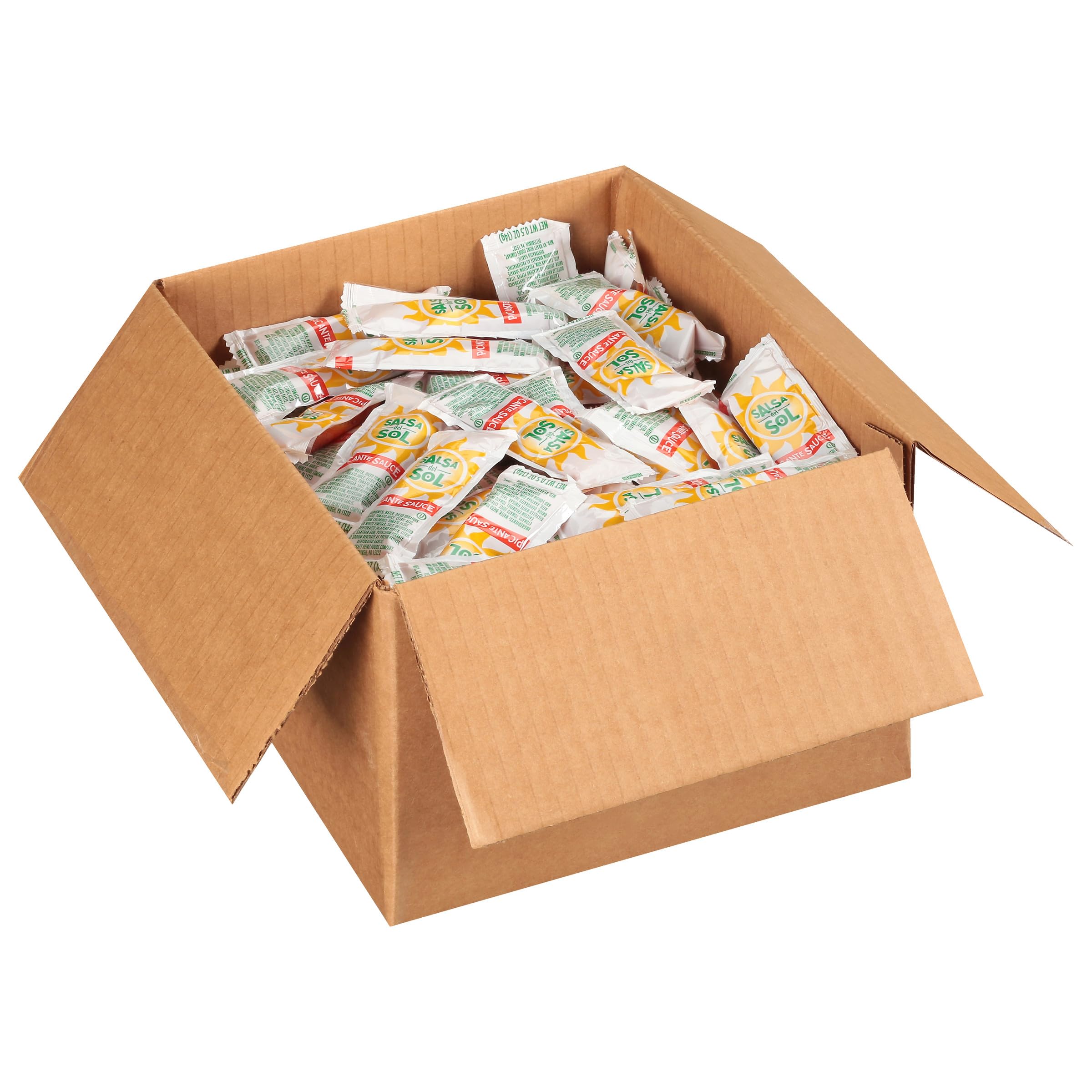 Salsa Del Sol Picante sauce packet 200-count packaging highlight for bulk events.