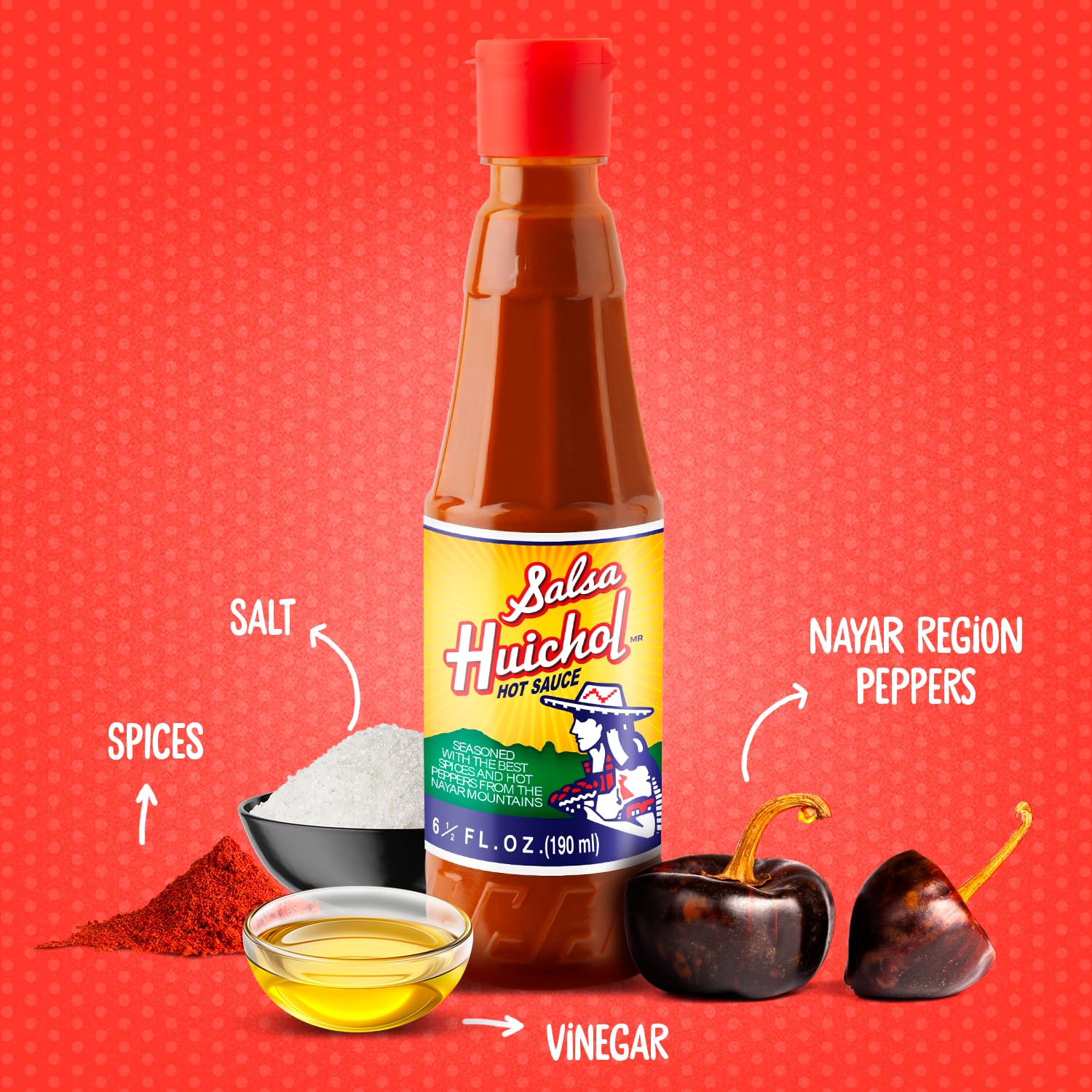 Salsa Huichol ingredients blend chilies for vibrant color and aroma.